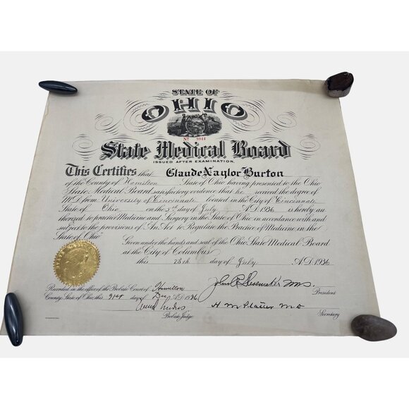 Vintage 1936 State of Ohio Medical Board Certificate w/ Gold Seal 17" x 14" - Picture 1 of 6